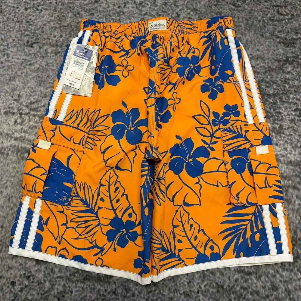 NWT VTG Polo Ralph Lauren Board Shorts Youth Medium Orange Blue Tropical Flora